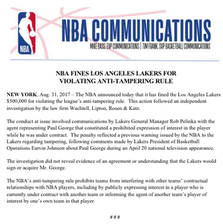 Illustration for article titled NBA Slaps Lakers With $500,000 Fine For Paul George-Related Tampering